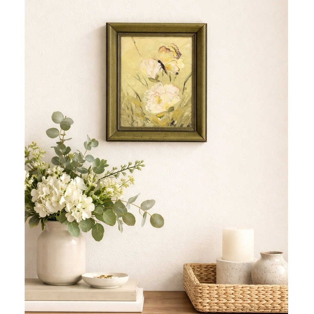 Vtg Original Oil Painting Butterfly White Wildflowers Framed Green 5x6 Stollman